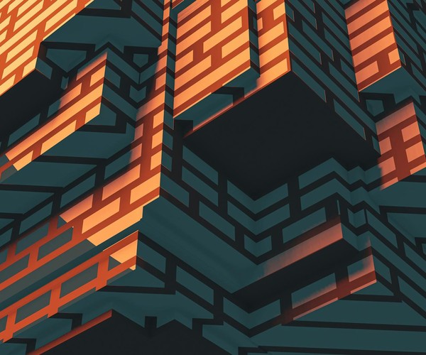 Abstract geometric structure with orange and dark patterns creating a modern art aesthetic.